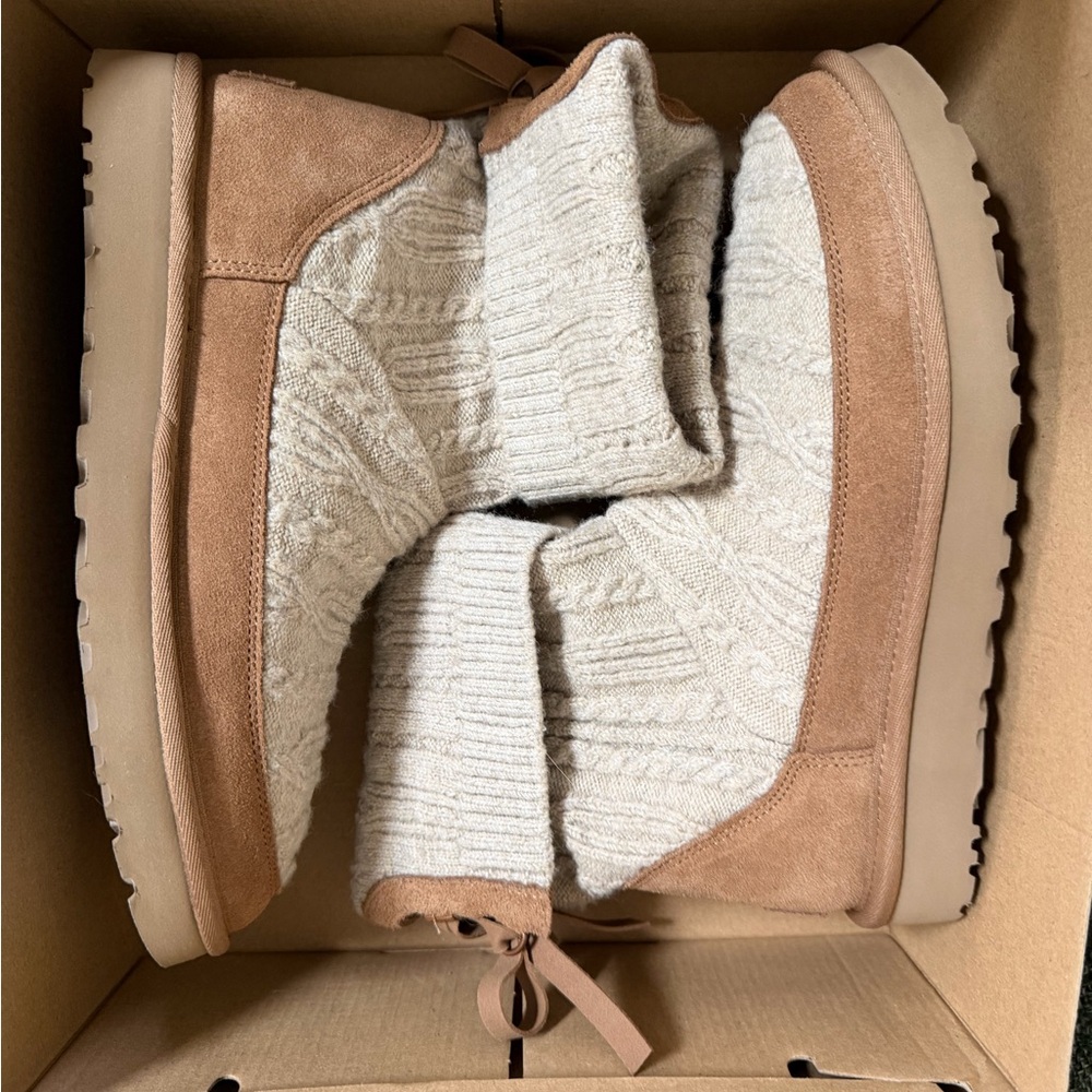 UGG Tan Suede and Cream Knit Slouch Boots